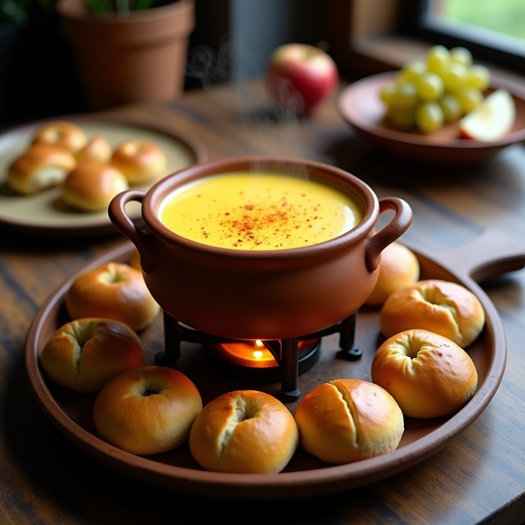 Fondue de queso vegano ultracremosa en cazuela de barro sobre base con vela, acompañada de panecillos dorados de mijo con semillas de amapola. Plato caliente y humeante, textura sedosa y color dorado intenso.