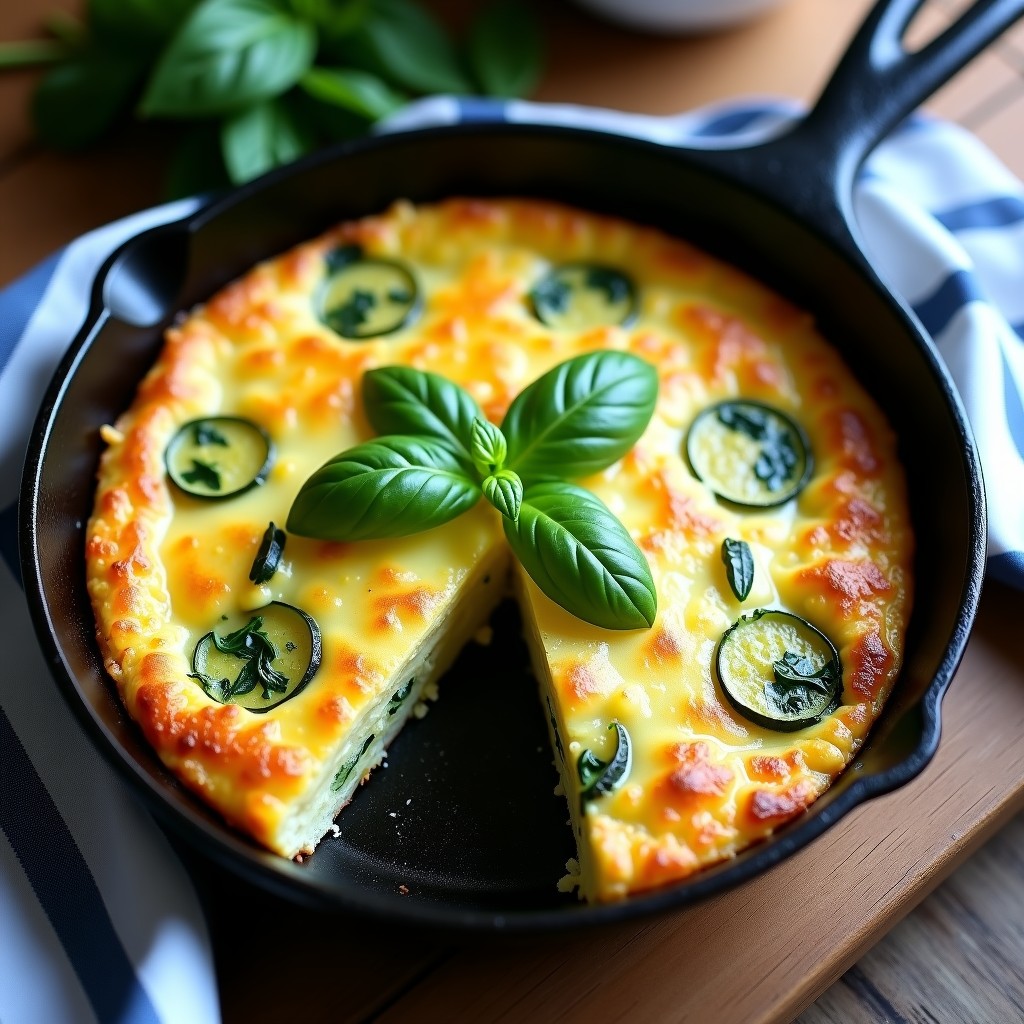 Frittata de calabacín y queso de cabra recién horneada, con una porción servida en un plato y un fondo de madera
