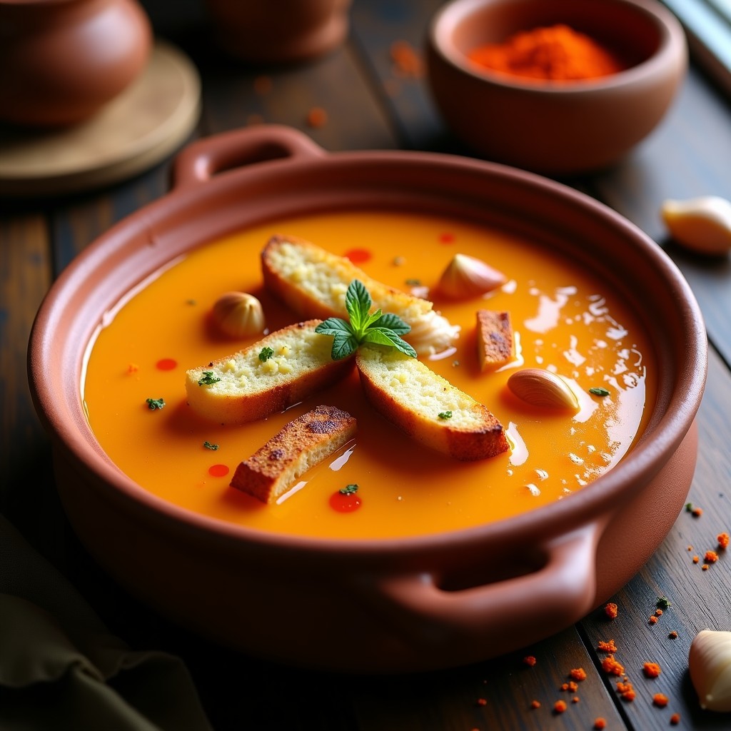 Cazuela de barro humeante con gachas andaluzas espesas, de color dorado intenso por el pimentón ahumado, decoradas con trozos de pan tostado y ajos dorados. Receta tradicional española.