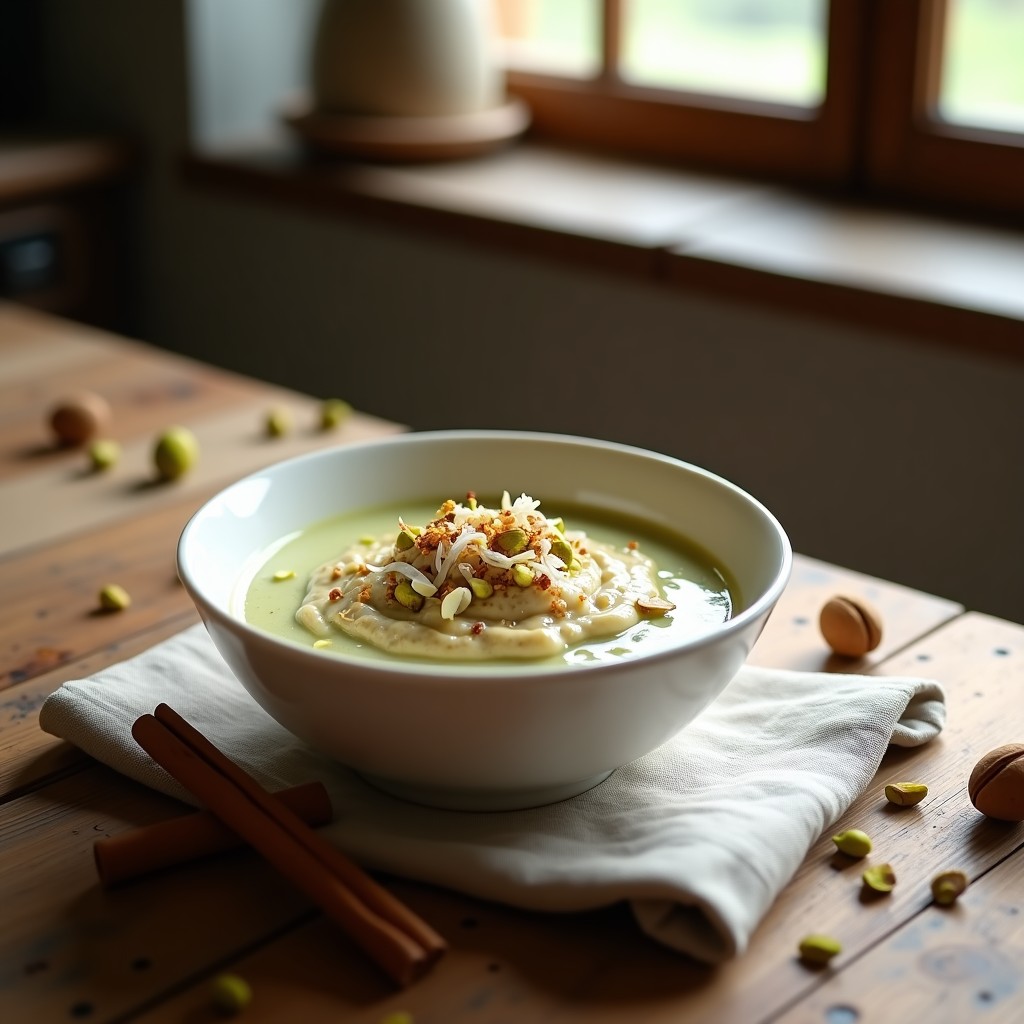 Bowl de gachas de avena nocturna con chía y leche de pistacho, decorado con pistachos picados y coco rallado, sobre una mesa de madera con luz natural.