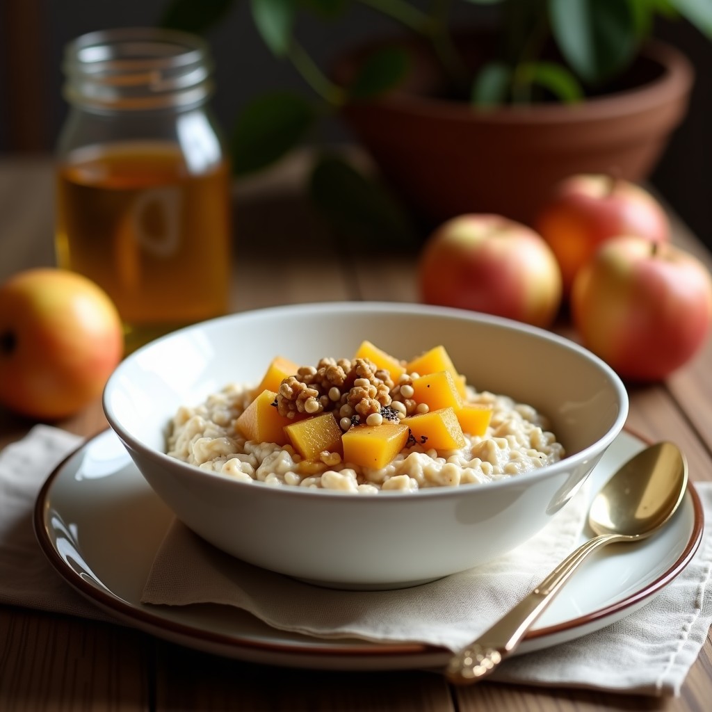 Bol de barro con gachas de avena cremosas y doradas, espolvoreadas con polvo de maca, acompañadas de compota de manzana verde brillante y nueces picadas. Desayuno peruano energizante y sin azúcar.