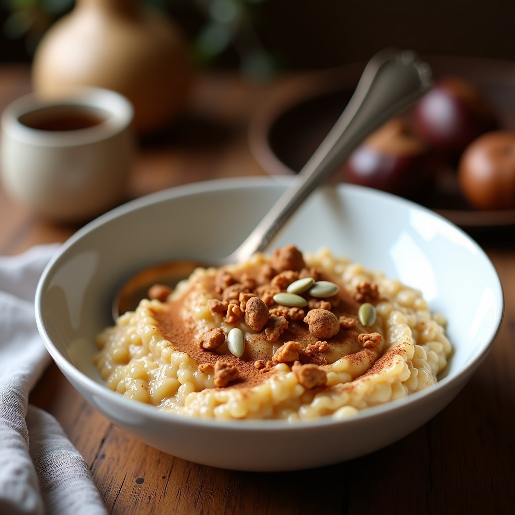 Bol hondo de cerámica blanca con gachas de avena cremosas, puré de castaña integrado, espolvoreado de canela y decorado con nueces picadas y un hilo de miel de castaño. Fondo rústico con una cuchara de madera y castañas enteras.