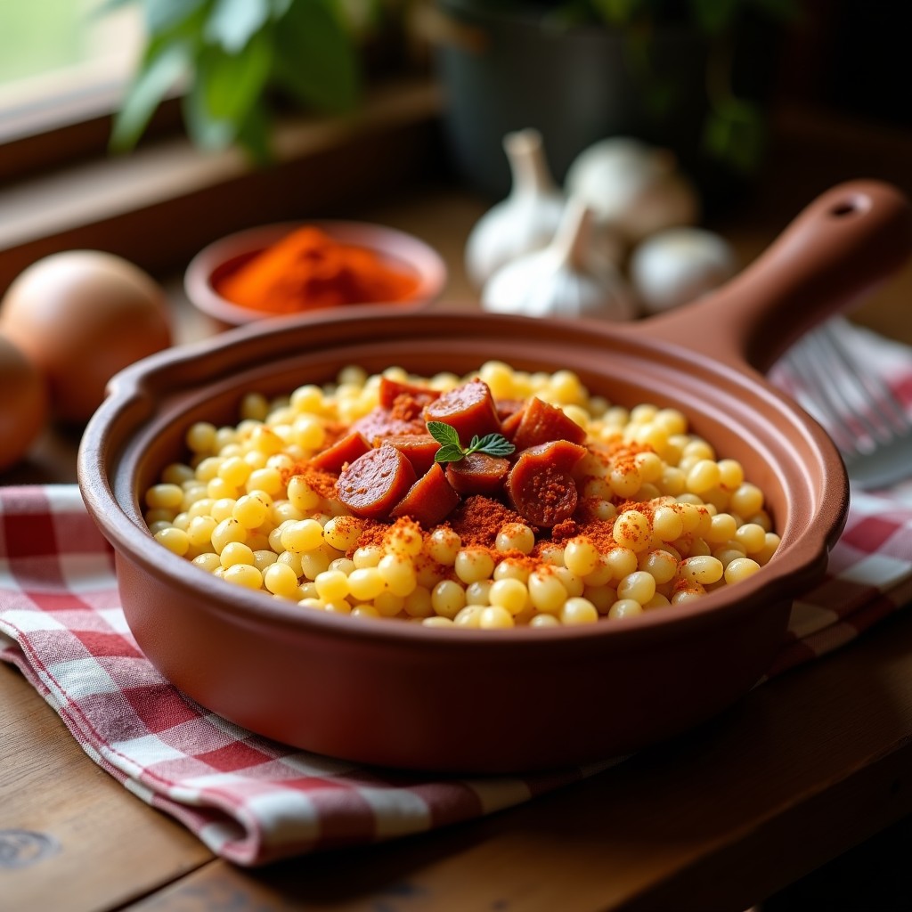 Cazuela de barro humeante con gachas manchegas de trigo escanda, trozos de panceta y chorizo, espolvoreadas con pimentón, receta tradicional española.