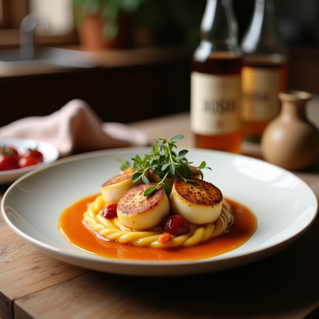 Cuenco de barro humeante con gachas manchegas de trigo sarraceno, chorizo y panceta, servidas con huevo frito y aceite de oliva virgen extra.