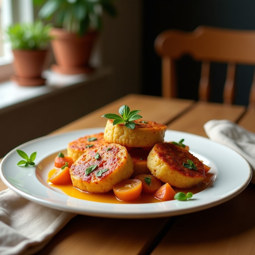 Plato hondo de barro con gachas de manteca colorada, espesas y doradas, coronadas con un huevo frito y ajos picados, típicas de la cocina andaluza.