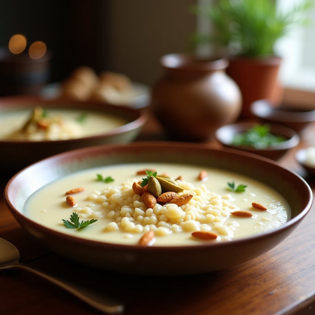 Cuenco de barro oscuro con gachas de mijo cremosas, leche de coco y cardamomo, decoradas con coco rallado tostado, almendras fileteadas y una pizca de canela. Fondo rústico con especias y una cuchara de madera.