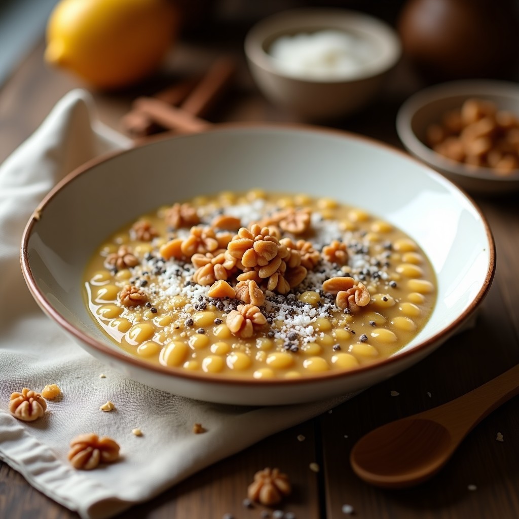 Bol de cerámica blanca con gachas de mijo y lúcuma de color dorado claro, coronadas con semillas de chía negras, coco rallado blanco y almendras fileteadas. Fondos de texturas naturales y luz suave resaltando la cremosidad del desayuno peruano sin lactosa.