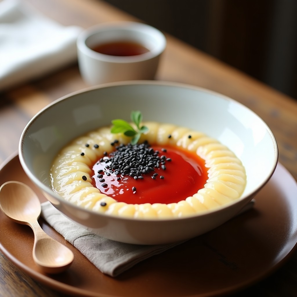 Bol de cerámica blanca con gachas de mijo cremosas, coronadas por compota de ciruela umeboshi de color rojo intenso y decoradas con semillas de sésamo negro y alga nori. Desayuno japonés sin gluten.
