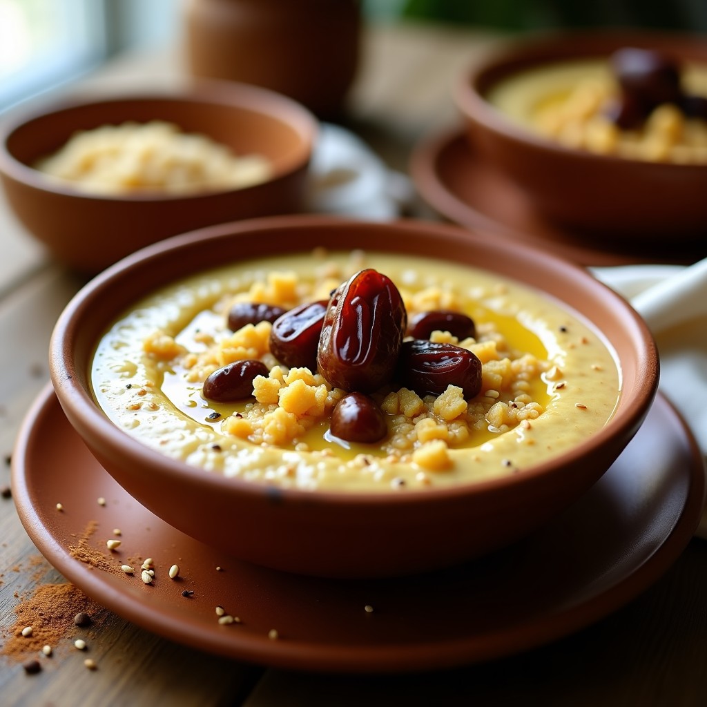 Bol de barro emiratí con gachas de quinoa inflada dorada, bañadas en leche de camello cremosa, coronadas con dátiles Medjool en láminas, semillas de sésamo tostado y pistachos picados. Fondo de especias como canela y cardamomo espolvoreados.