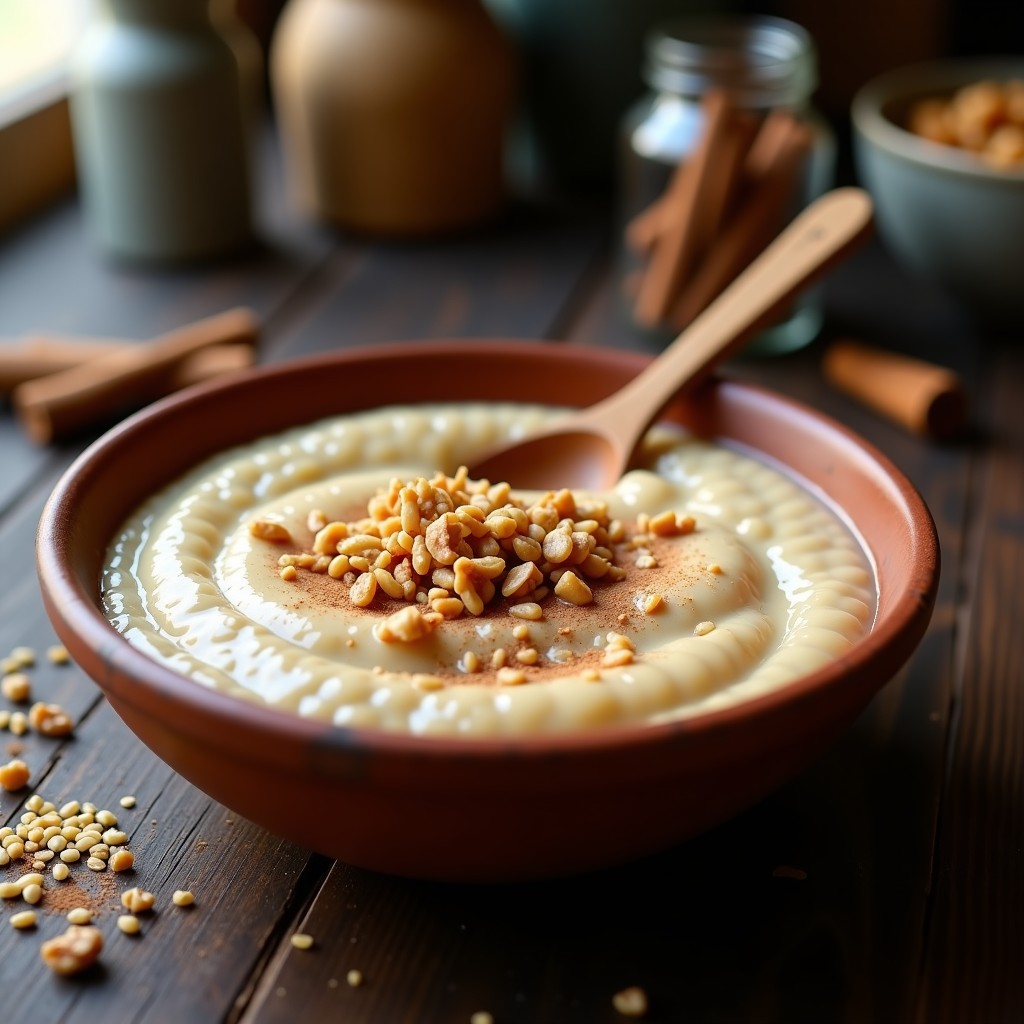 Bol de barro con gachas de sorgo cremosas, decoradas con nueces picadas y semillas de sésamo, espolvoreadas con canela, sobre un fondo rústico de madera con una cuchara de madera.