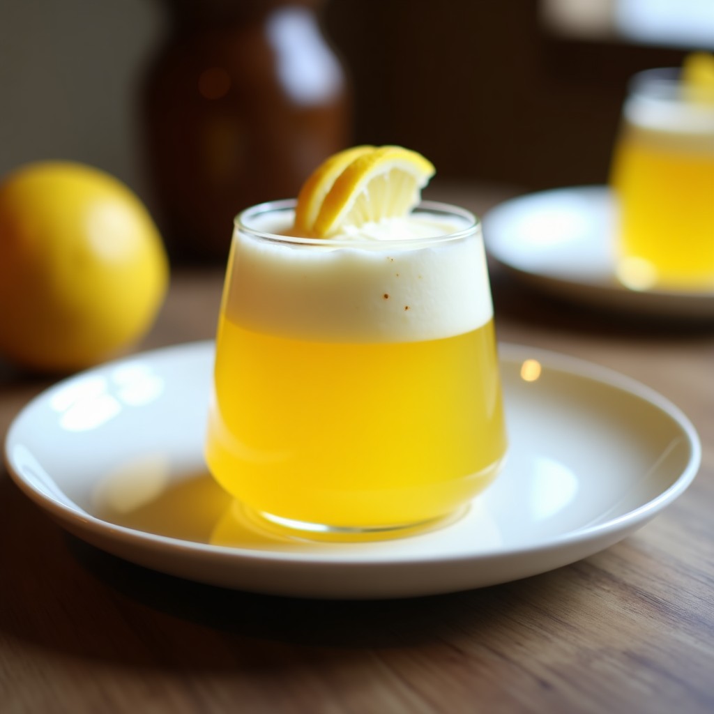 Vasitos de cristal transparente con galaretas de limón y cúrcuma en capas amarillas vibrantes, cubiertas con una capa cremosa de leche de coco y espolvoreadas con coco rallado sin azúcar. Postre detox sin azúcar servido en bandeja de madera con rodajas de limón al lado.