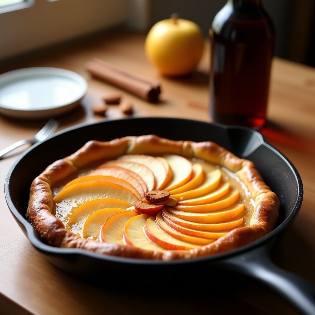 Galette bretona dorada y crujiente en sartén antiadherente, con láminas de manzana Fuji caramelizadas en espiral sobre la superficie, acompañada de un chorrito de sidra reducida y espolvoreada con canela de Ceilán. Plato rústico de fondo con textura de madera clara.