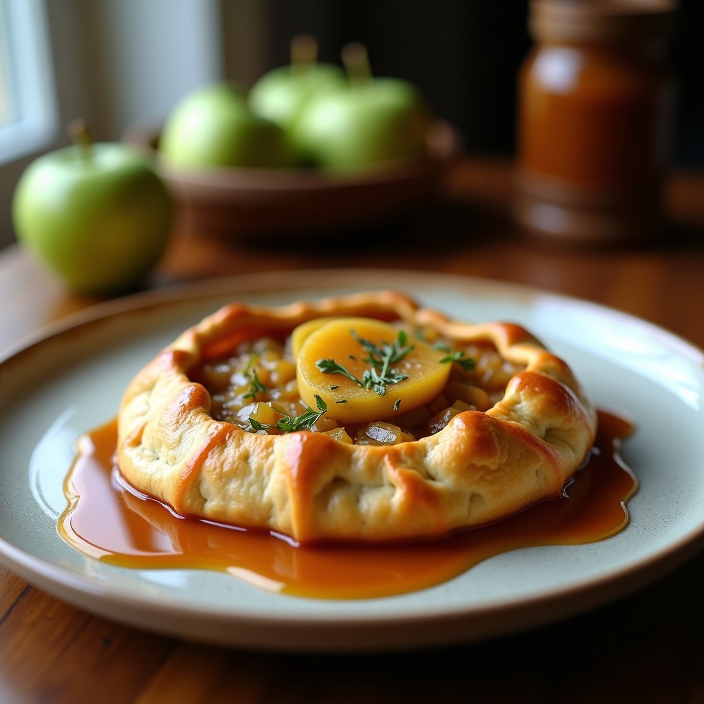 Galette de espelta dorada y crujiente con láminas de manzana verde dispuestas en espiral, bañadas en un caramelo brillante de sidra y decoradas con almendras fileteadas tostadas, sobre una bandeja rústica de madera con fondo desenfocado.