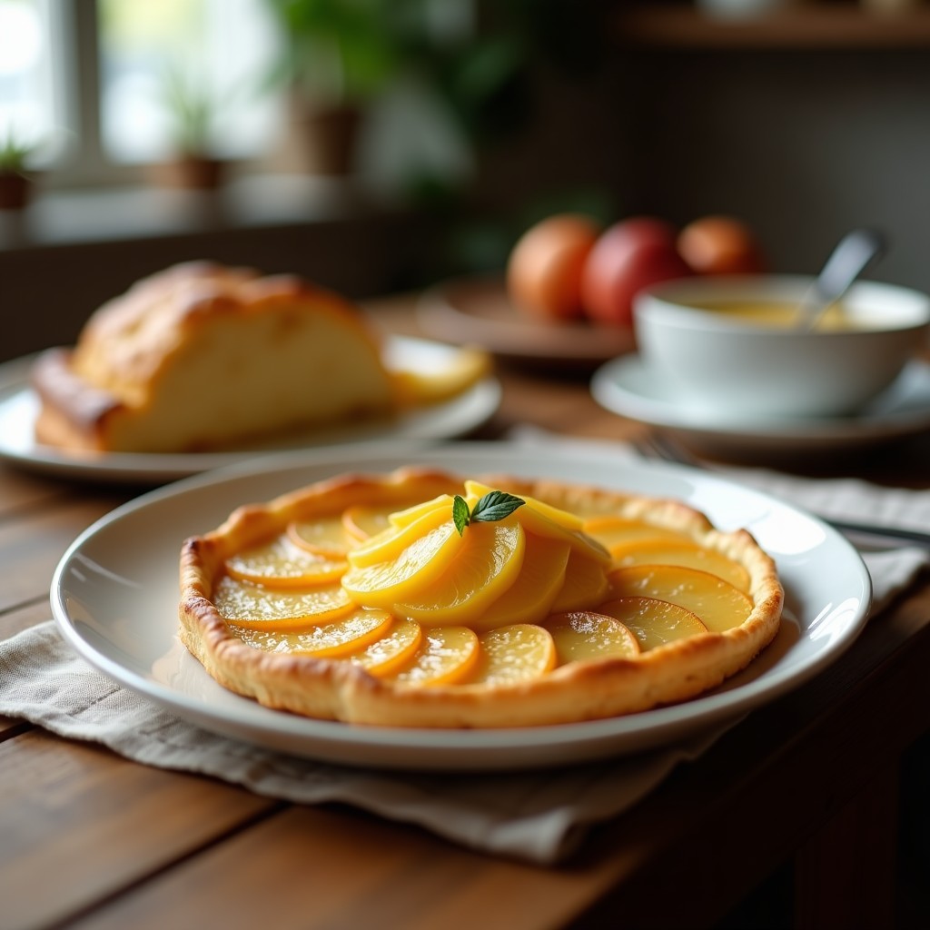 Galette de manzana sin masa con crema de almendras dorada, decorada con almendras tostadas y rodajas de manzana fresca sobre fondo rústico de madera. Postre francés keto y sin harina.