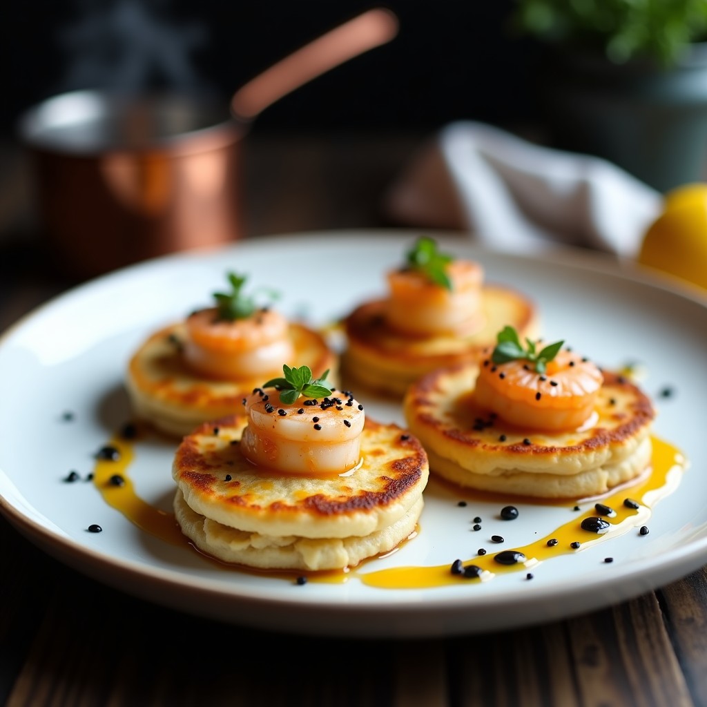 Galettes doradas de algas y camarón con salsa de yuzu en Thermomix, servidas en plato blanco con semillas de sésamo negro y cebollino fresco, receta francesa modernista crujiente y elegante.