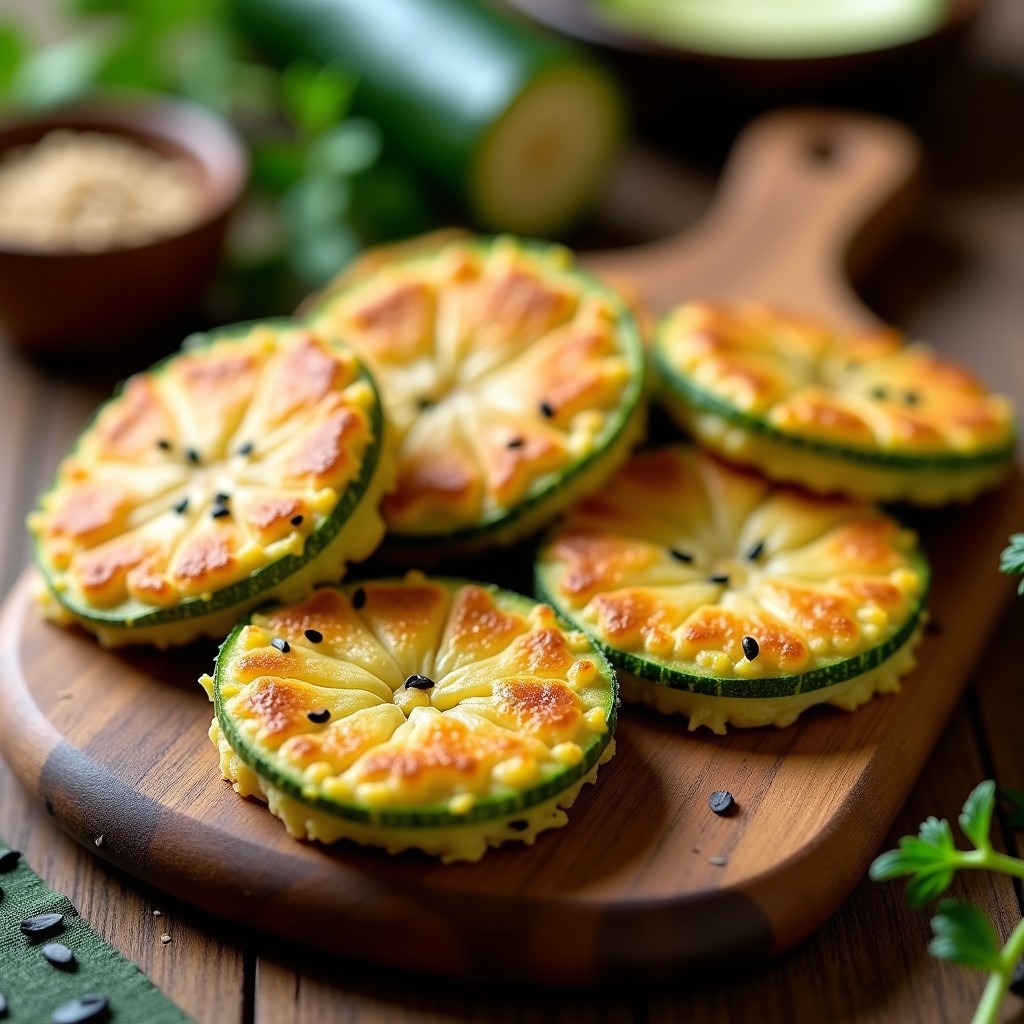 Galettes doradas y crujientes de algas nori y zucchini sobre una bandeja de madera rústica, con semillas de sésamo visibles y un fondo borroso de ingredientes frescos.