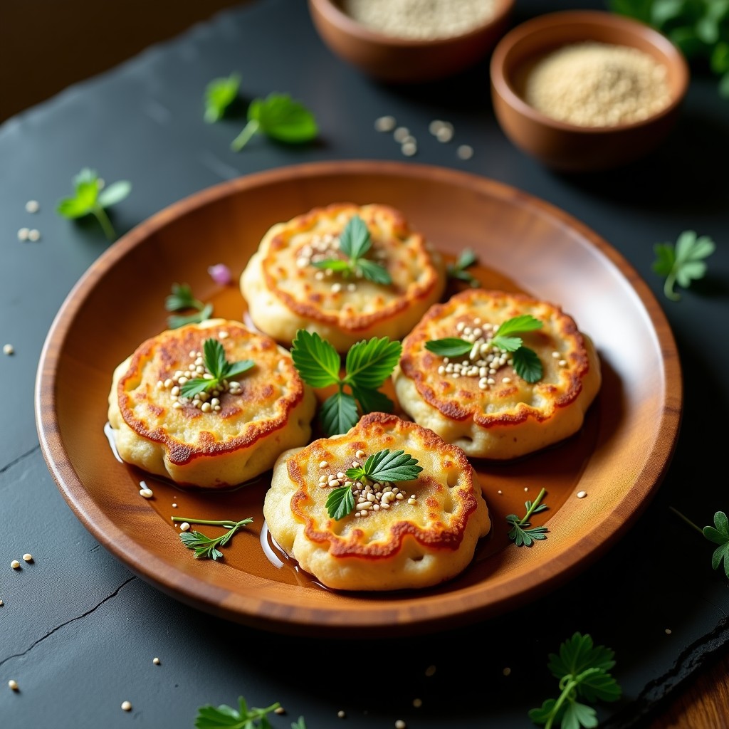 Galettes bretonas doradas de trigo sarraceno rellenas de algas wakame salteadas con cebolla morada, decoradas con semillas de sésamo y perejil fresco sobre un plato de madera rústico.