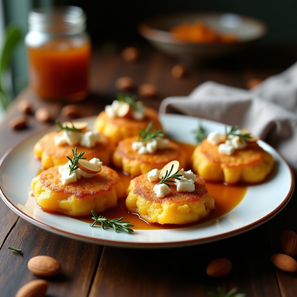 Galettes doradas y crujientes de calabaza y queso feta en airfryer, decoradas con miel de trufa negra y semillas de calabaza tostadas, servidas sobre un plato de pizarra rústico con fondo borroso de cocina moderna.