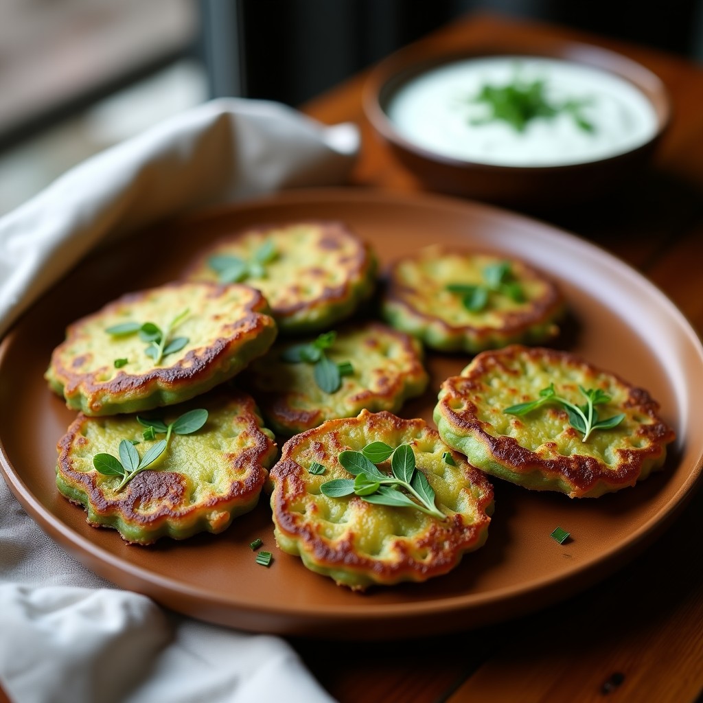 Galettes de espirulina y patata veganas, doradas y crujientes, servidas en un plato blanco rústico con semillas de sésamo negro y perejil fresco. Receta francesa en airfryer con alto contenido en proteína.