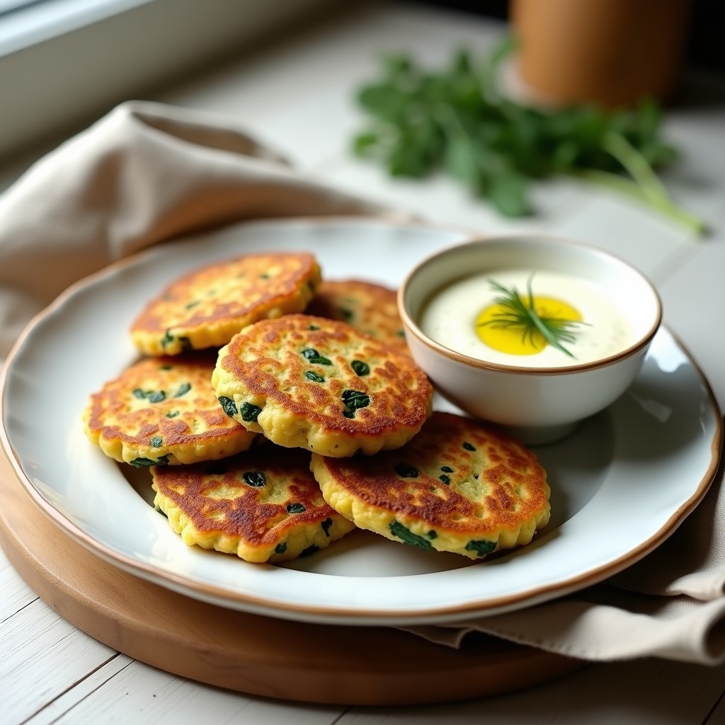 Plato blanco con seis galettes doradas de garbanzo y espinacas, apiladas ligeramente, acompañadas de un bol pequeño con salsa de yogur de soja cremosa y espolvoreadas con semillas de sésamo. Receta francesa vegana crujiente y saludable.