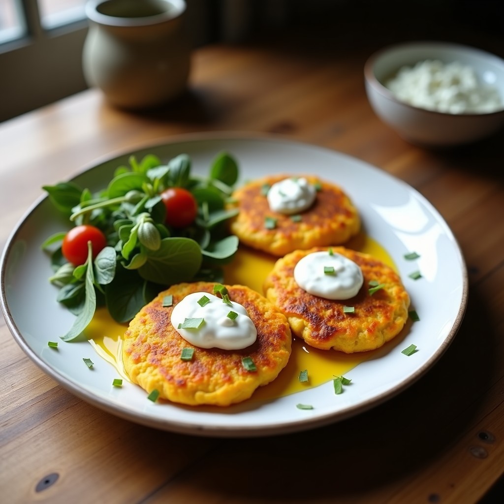 Galettes de garbanzos y azafrán doradas y crujientes servidas en plato blanco con salsa de yogur de coco cremosa y perejil fresco, receta vegana en airfryer.