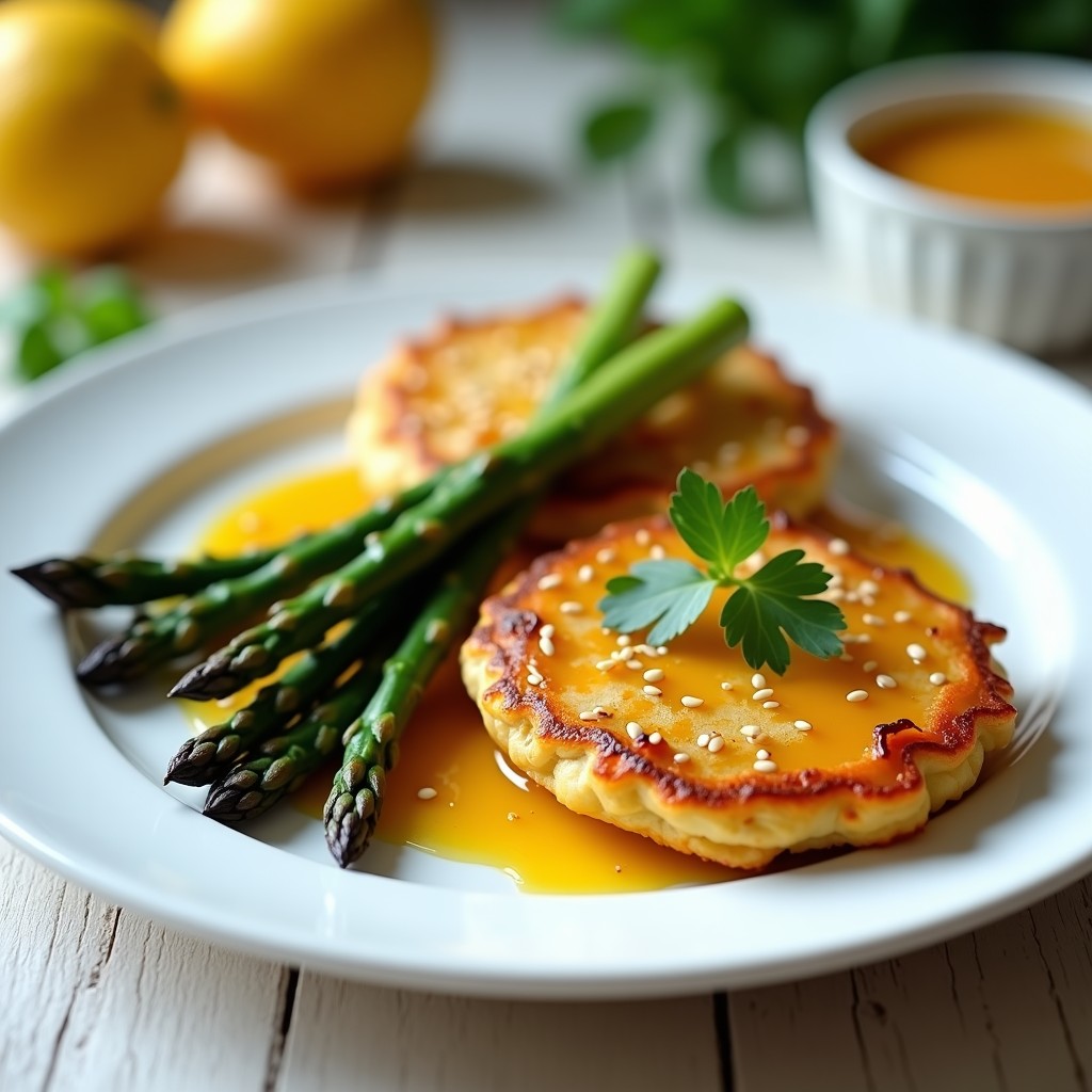 Plato de galettes de garbanzos doradas y crujientes, servidas con espárragos trigueros salteados y una salsa cremosa de limón confitado, decoradas con semillas de sésamo. Receta vegana crujiente y alta en proteína.