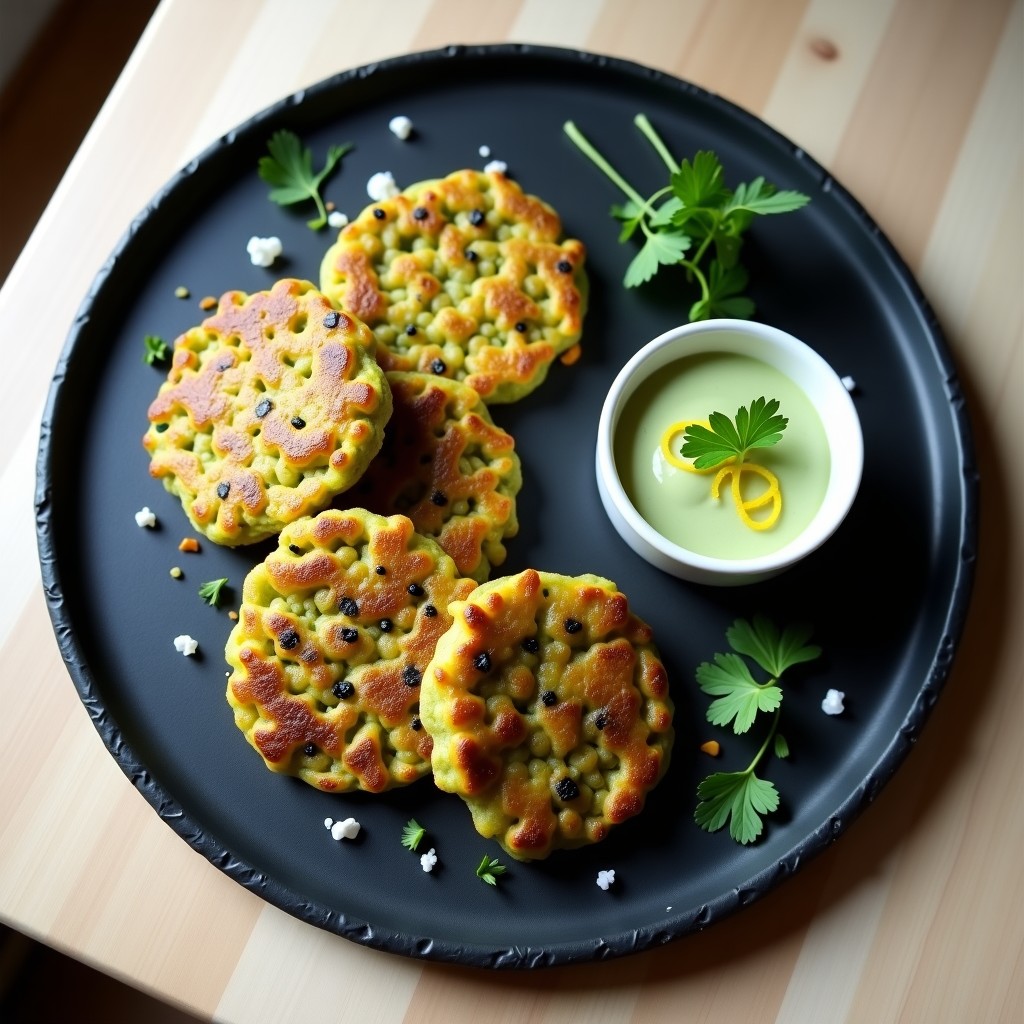 Plato blanco con galettes doradas y crujientes de lentejas verdes, decoradas con semillas de sésamo, acompañadas de un bol pequeño con crema de wasabi verde claro y hojas de perejil fresco. Receta de aperitivo francés vegano y sin horno.