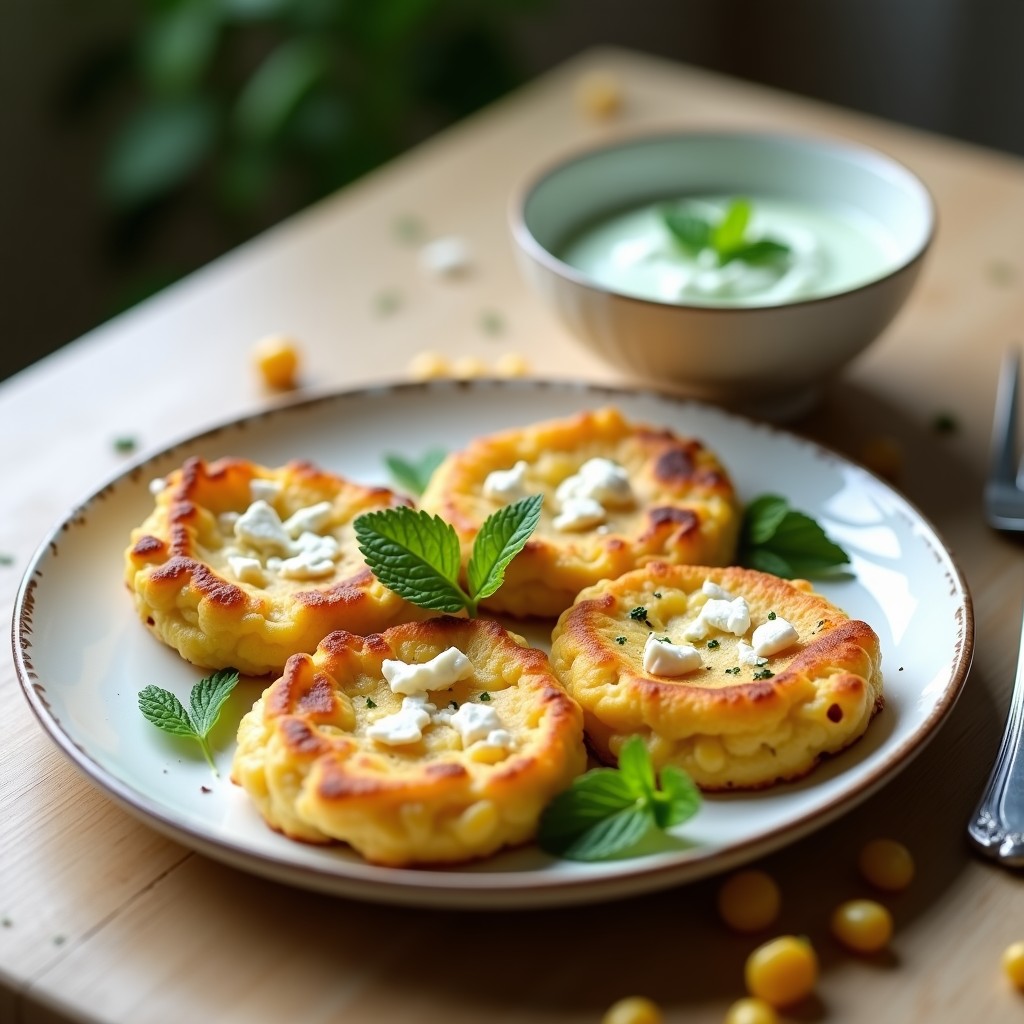 Plato blanco con cuatro galettes de maíz y puerro doradas, crujientes por fuera y tiernas por dentro, acompañadas de un bol pequeño con salsa de yogur y menta de color verde pálido. Decoración con hojas de menta fresca y granos de maíz sueltos. Receta francesa sin gluten.