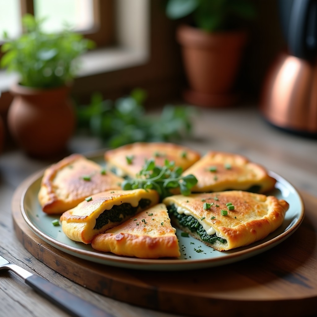 Galettes de sarrasin doradas en forma de sobre abierto, rellenas de espinacas verdes y queso de oveja desmenuzado, servidas sobre un plato de madera rústico con almendras tostadas espolvoreadas. Receta francesa en Thermomix sin gluten.