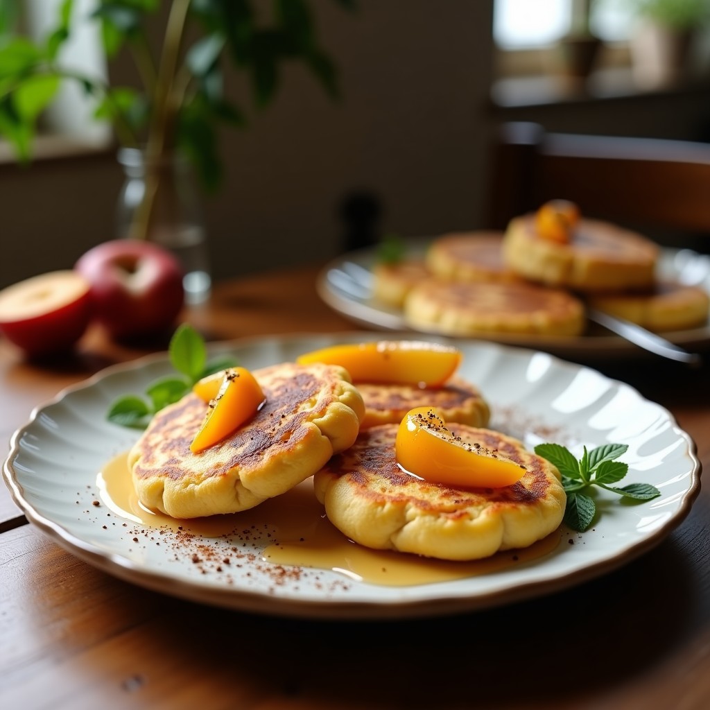 Galettes de sarrasín doradas y crujientes rellenas de manzana caramelizada en láminas y trozos de queso azul, servidas en un plato de loza blanca con fondo rústico de madera. Receta francesa sin gluten.