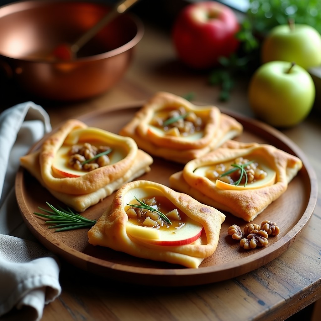 Galettes de sarrasion y manzana doradas y crujientes en sartén antiadherente, con láminas de manzana verde y almendras fileteadas, receta francesa sin gluten.