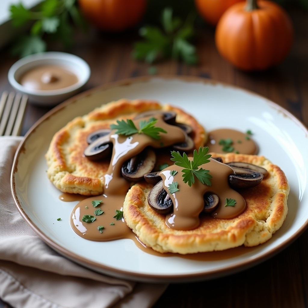 Plato rústico con dos galettes doradas de trigo sarraceno, cubiertas con champiñones portobello salteados y crema de castañas espesa, decoradas con perejil fresco. Receta francesa sin gluten en 20 minutos.