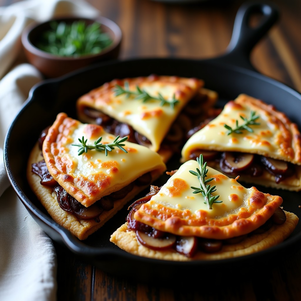 Galettes de trigo sarraceno doradas en sartén, rellenas de champiñones portobello salteados y cebolla morada caramelizada, con queso gruyère fundido y hojas de tomillo fresco. Receta sin gluten en sartén.