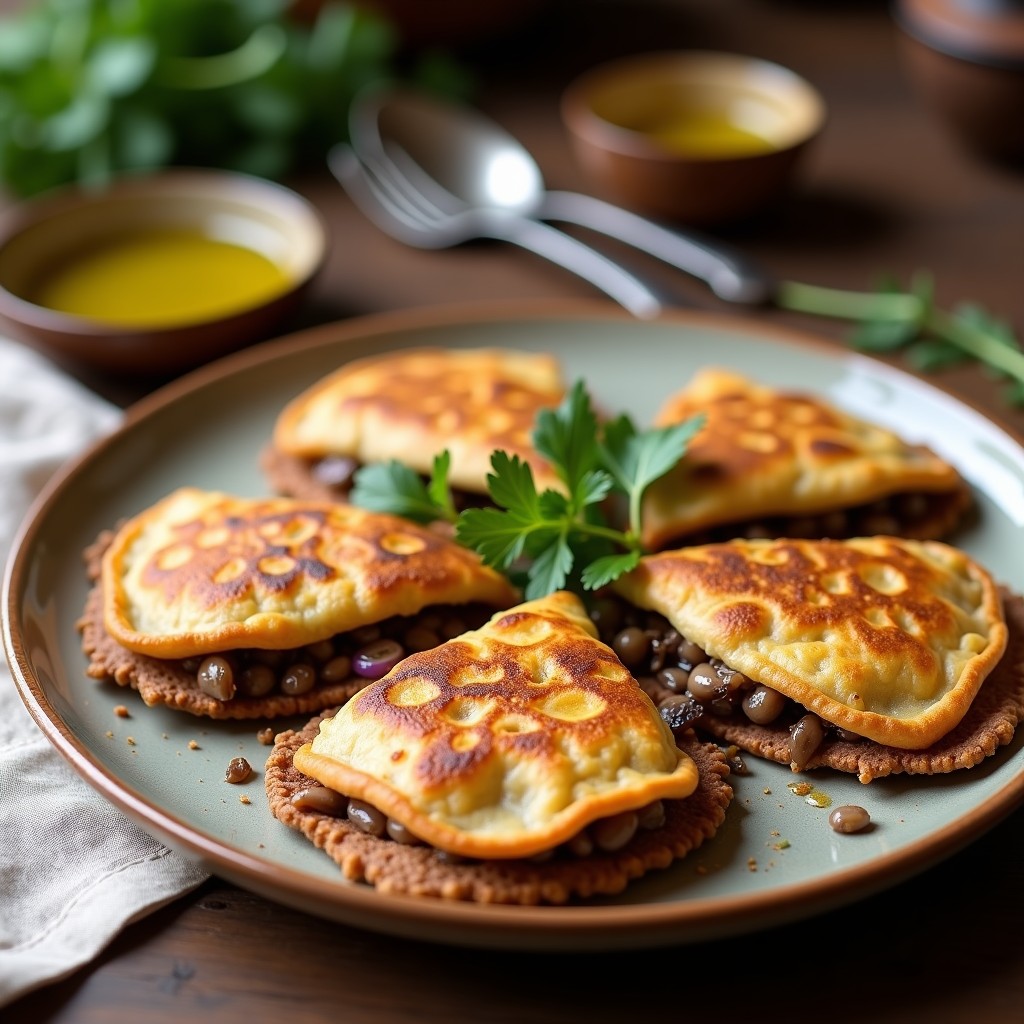 Galettes doradas de trigo sarraceno rellenas de hongos shiitake salteados, servidas en un plato de barro con perejil fresco y un toque de aceite de oliva, receta vegana y sin gluten al estilo francés.