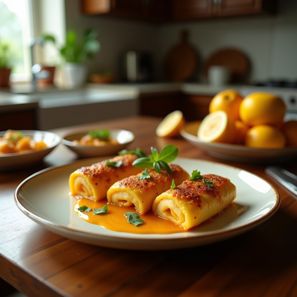 Gallas de pollo doradas y crujientes rellenas de morcilla y manzana, servidas en plato de barro con láminas de manzana caramelizada y nueces picadas.