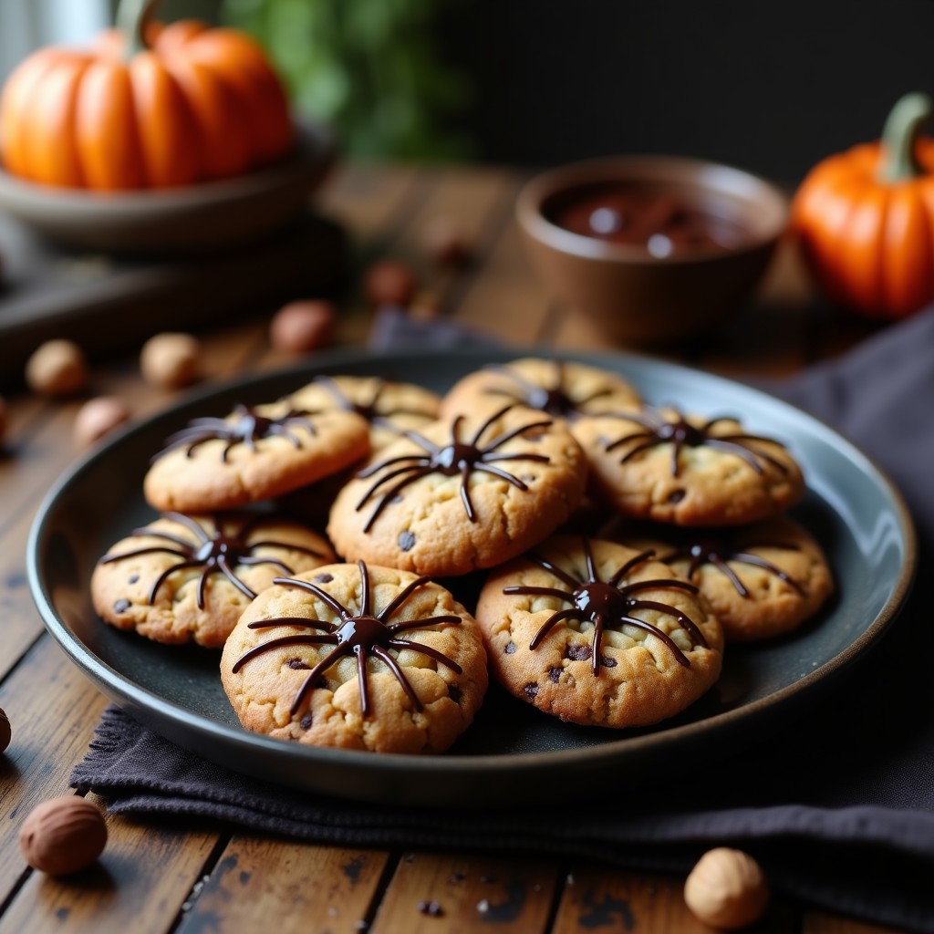 Galletas redondas de color marrón oscuro decoradas como arañas, con patas de chocolate negro sobre fondo rústico de madera, receta de Halloween con avellanas.
