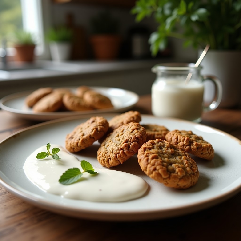 Plato blanco con 3 galletas doradas de avena y semillas de cáñamo apiladas, acompañadas de un bol pequeño con salsa cremosa de yogur de coco y una cucharita. Semillas de cáñamo espolvoreadas por encima. Fondo claro con texturas naturales.