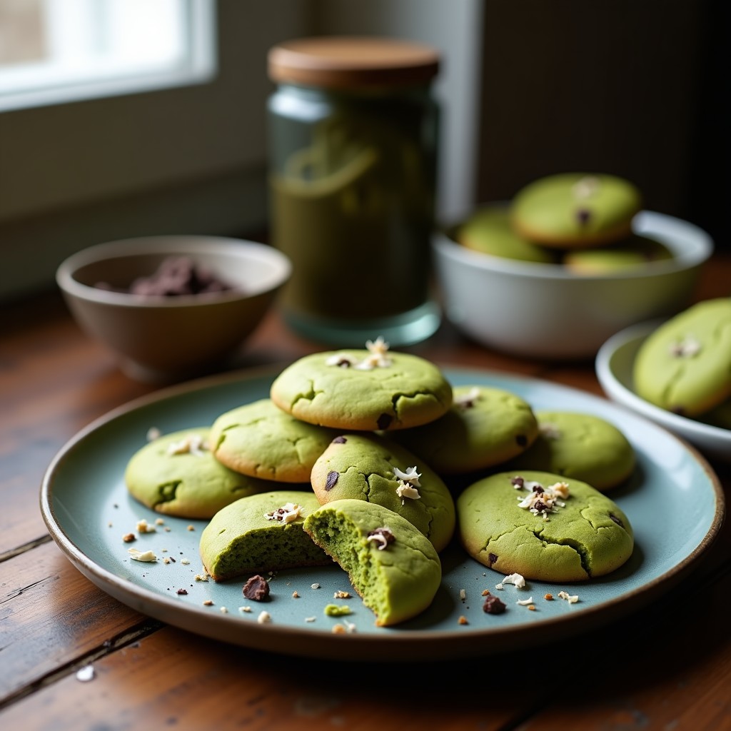 Bandeja de galletas doradas de matcha y chocolate negro, con trocitos de chocolate visible y coco rallado, sobre fondo rústico de madera.
