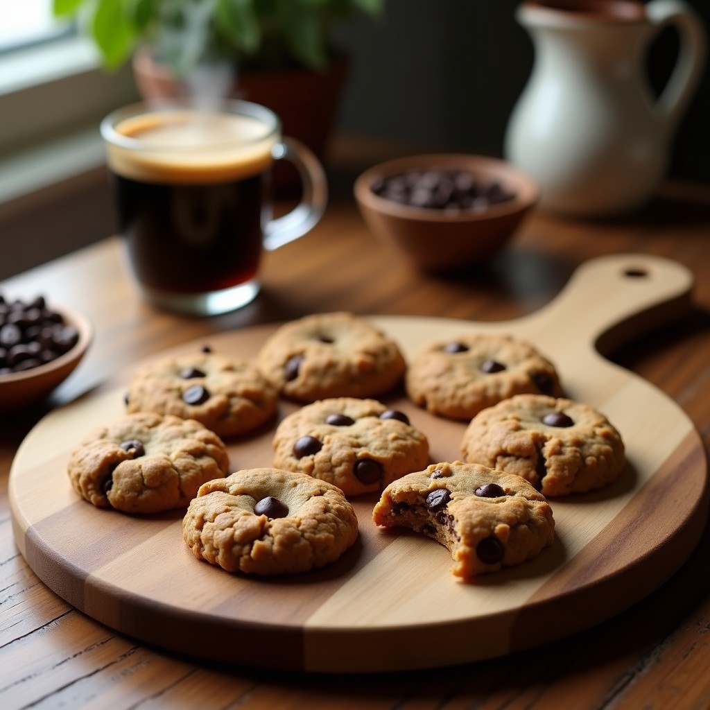 Galletas doradas de avena y café proteicas sobre una bandeja de madera, con chips de chocolate negro visibles y un café humeante al fondo.
