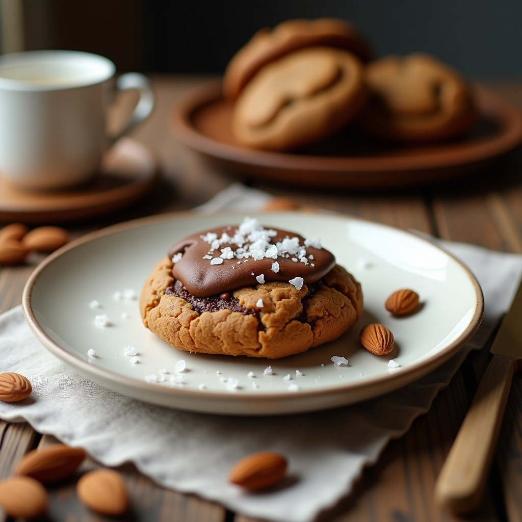 Galletas keto doradas y crujientes de harina de almendra con trozos de chocolate negro 85% y escamas de sal marina sobre un papel de hornear rústico, estilo postre gourmet bajo en carbohidratos.