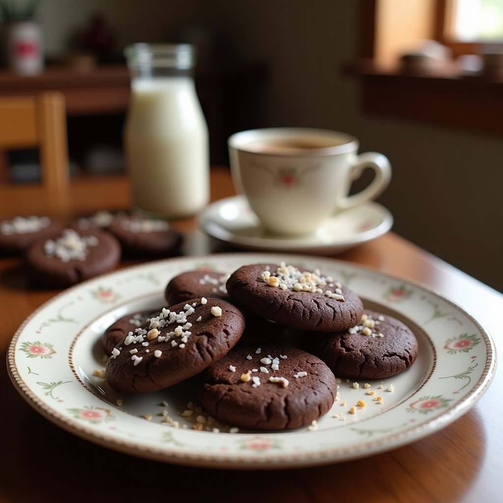Galletas doradas y crujientes de harina de coco con trozos de chocolate negro 85% derritiéndose ligeramente, dispuestas en una bandeja de madera rústica con fondo desenfocado. Receta keto sin harina ni azúcar.