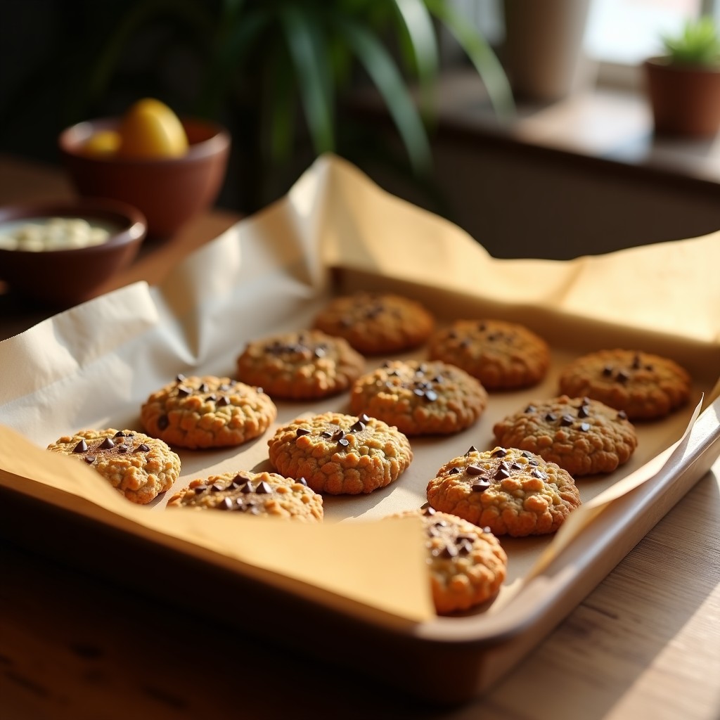 Galletas doradas de harina de guisante y avenena con almendras fileteadas, apiladas en un plato blanco sobre fondo de madera rústica. Snack proteico sin azúcar, crujiente y perfecto para tupper.