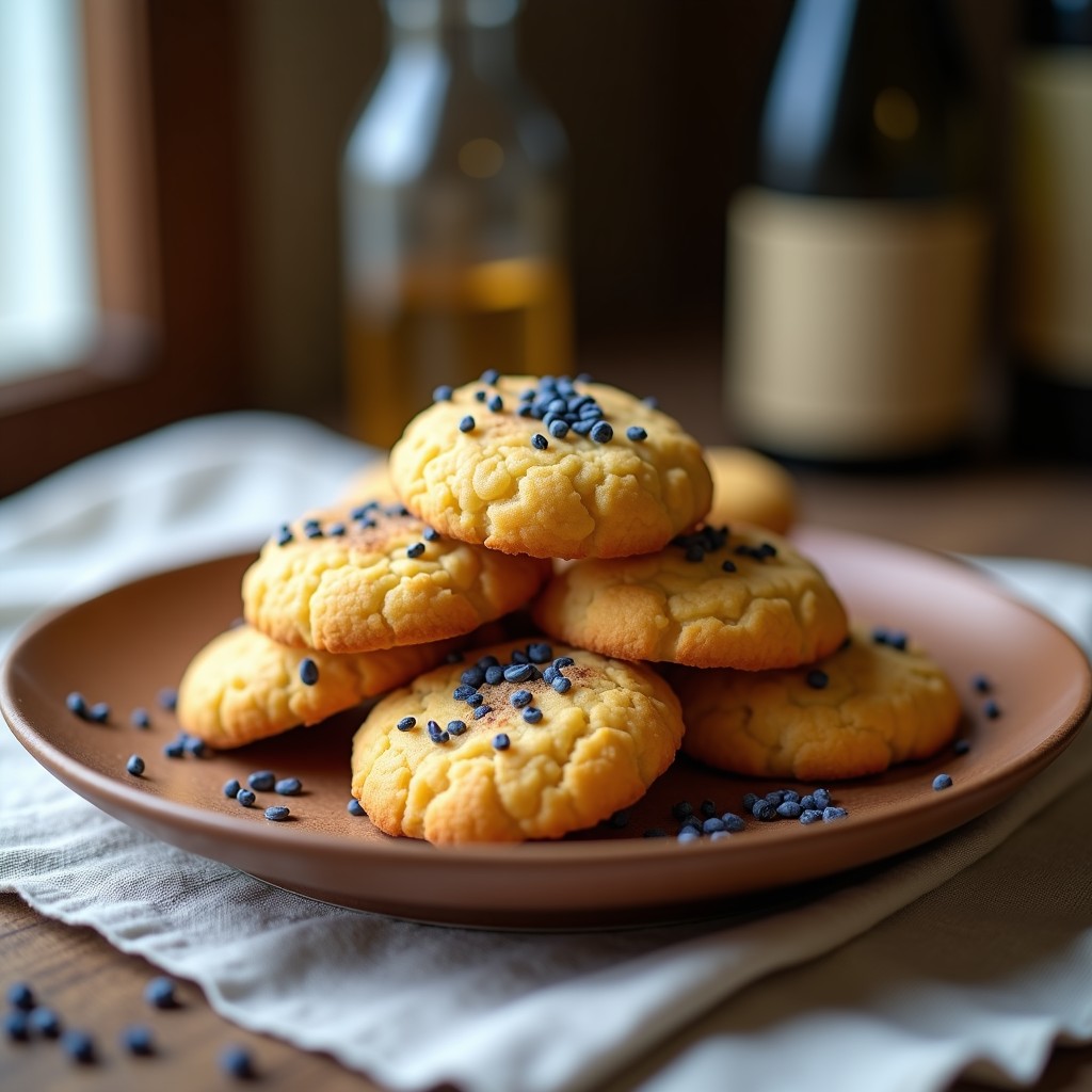 Galletas doradas y crujientes con semillas de amapola oscuras en la superficie, apiladas en un plato de cerámica blanca sobre una mesa de madera rústica. Receta de galleta de harina de insectos y miel con semillas de amapola, snack alto en proteína y sostenible.