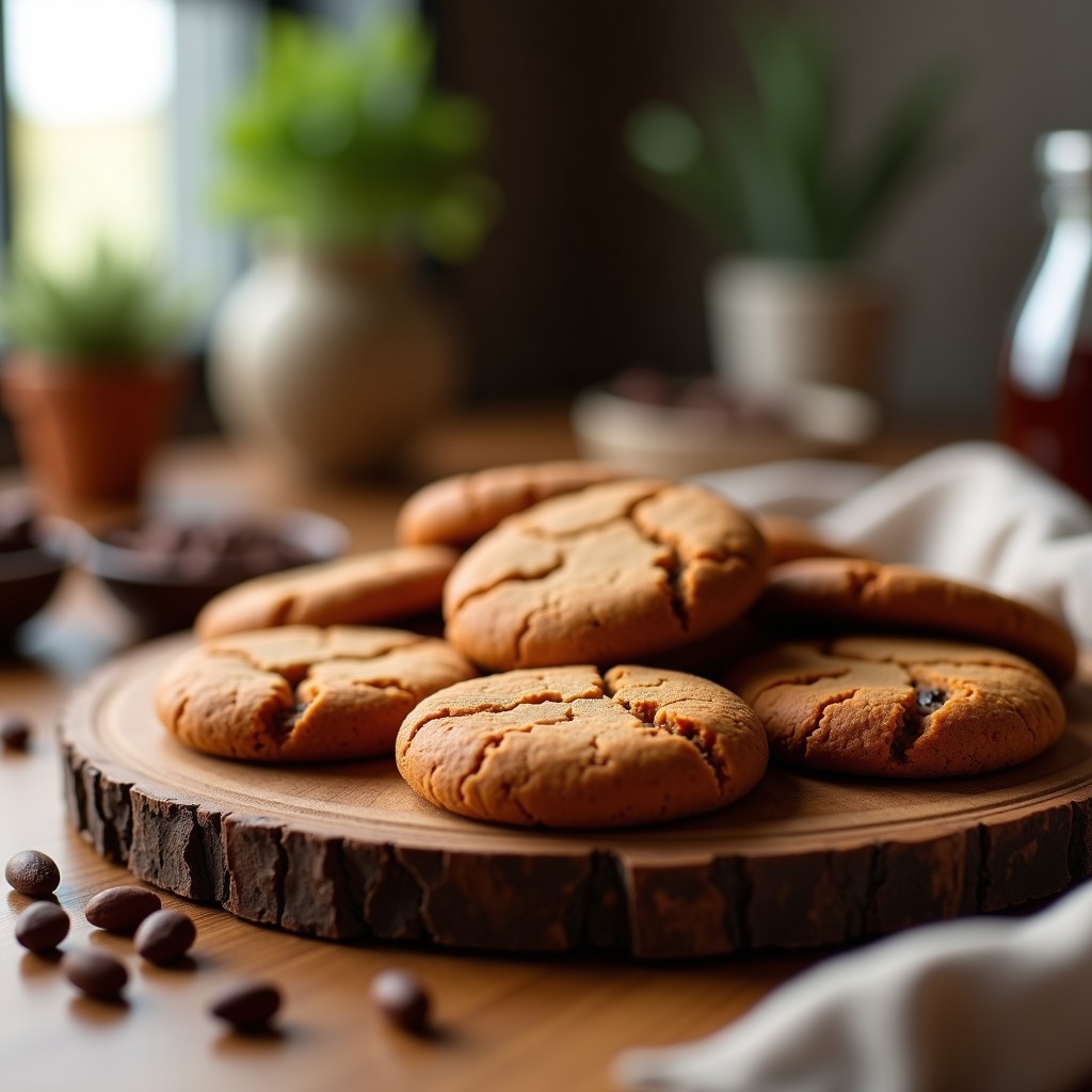 Galletas doradas y crujientes de lentejas rojas y cacao sobre papel de horno, con textura esponjosa y trocitos de coco rallado visibles, servidas en un plato de madera rústico. Snack sin harina y alto en hierro hecho en airfryer.