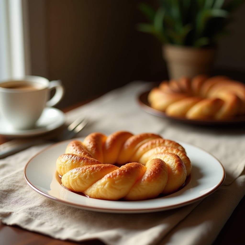 Ocho galletas mágicas de café dispuestas en círculo sobre un plato de madera rústica, con textura crujiente por fuera y semillas de chía visibles, acompañadas de granos de café y una taza humeante al fondo.