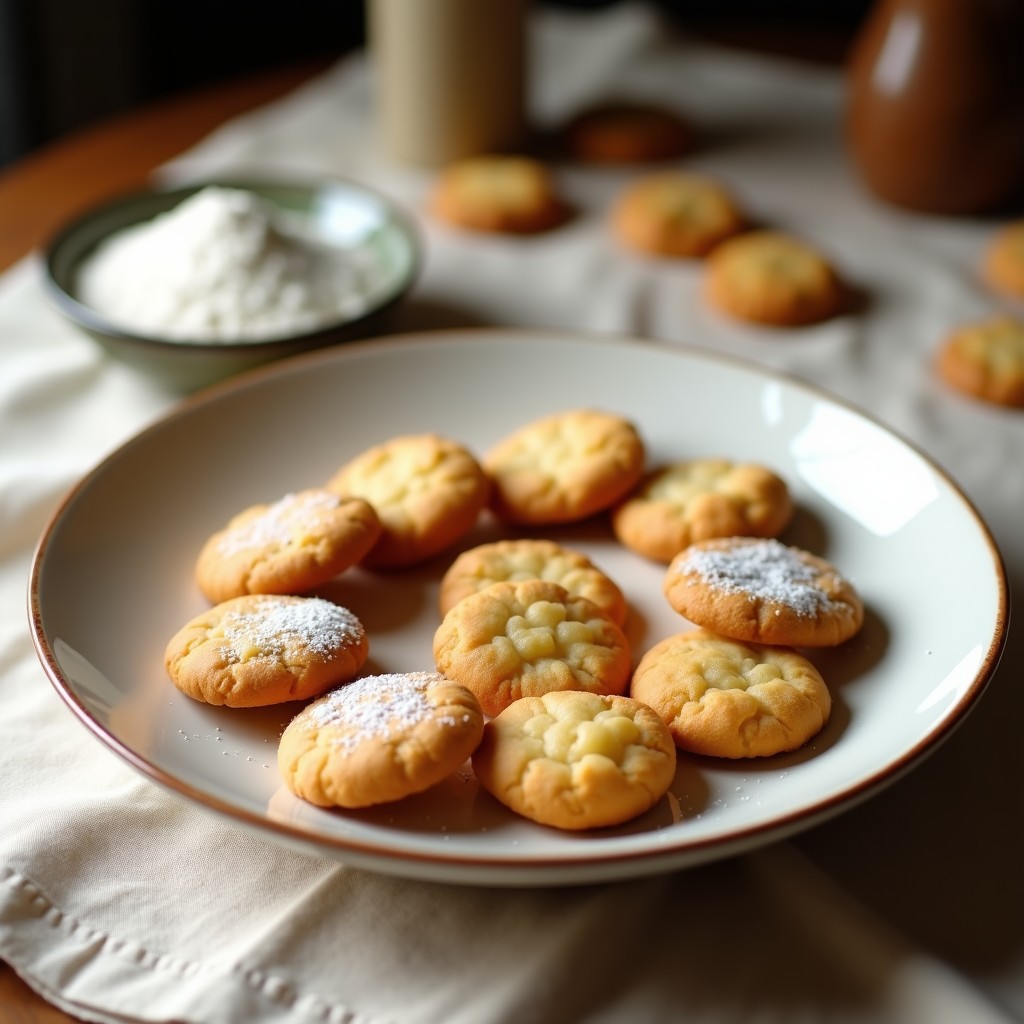 Plato blanco con galletas María caseras veganas doradas, crujientes y espolvoreadas con azúcar glas, dispuestas en círculo sobre un mantel rústico.