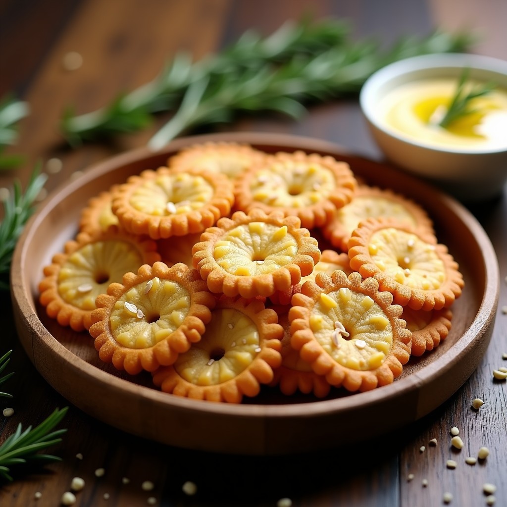 Plato de madera rústico con galletas saladas doradas de harina de garbanzo y romero, espolvoreadas con semillas de sésamo, servidas junto a un bol de hummus y hierbas frescas. Receta crujiente en airfryer.