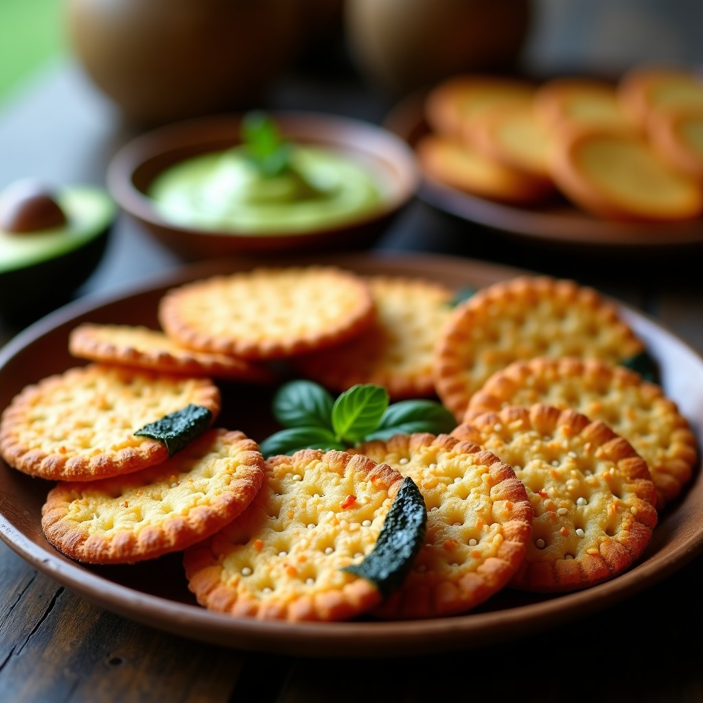 Galletas doradas y crujientes de algas nori y semillas de lino en airfryer, con textura rugosa y semillas visibles, servidas en un plato de madera con dip de aguacate al lado.