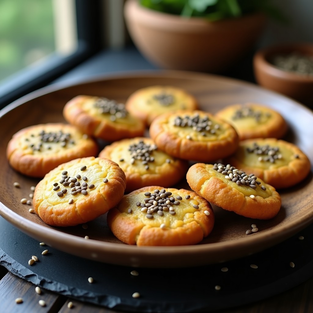 Galletas doradas y crujientes de algas wakame y semillas de chía sobre una bandeja de madera rústica, con semillas de sésamo negro espolvoreadas. Snack vegano alto en omega-3, listo para servir.