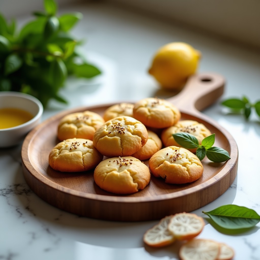 Bandeja de madera rústica con galletas doradas de almendra y albahaca, aperitivo italo-vegano sin harina, decoradas con semillas de sésamo y hojas de albahaca fresca al lado.